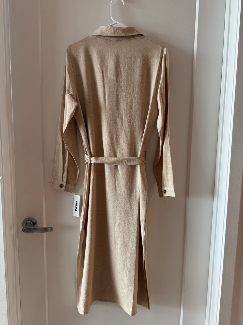 DKNY Beige Button-Front Midi Shirt Dress with Tie Waist - Picture 2 of 5